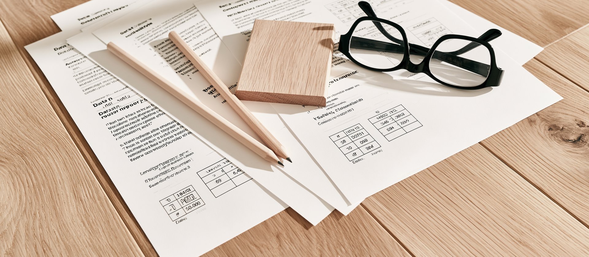 Technische Datenblätter mit Holzmuster und Brille auf Eichenboden