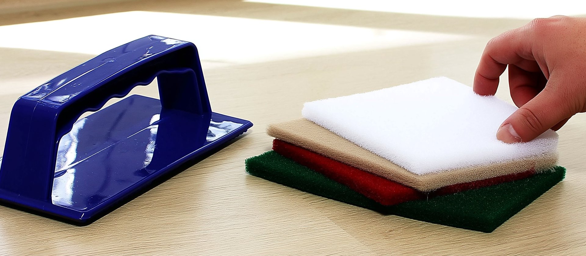 Blauer Padhalter mit weißen, roten und grünen Handpads auf Holzboden