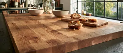 Holzarbeitsplatte in der Küche mit Brot und Geschirr, behandelt mit Arbeitsplattenöl