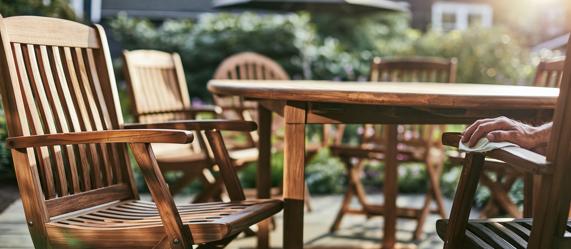 Teak-Gartentisch und Stühle auf Terrasse, Hand ölt Armlehne mit Tuch