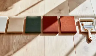Farbige Holzpflegepads und Streichwerkzeug nebeneinander aufgereiht