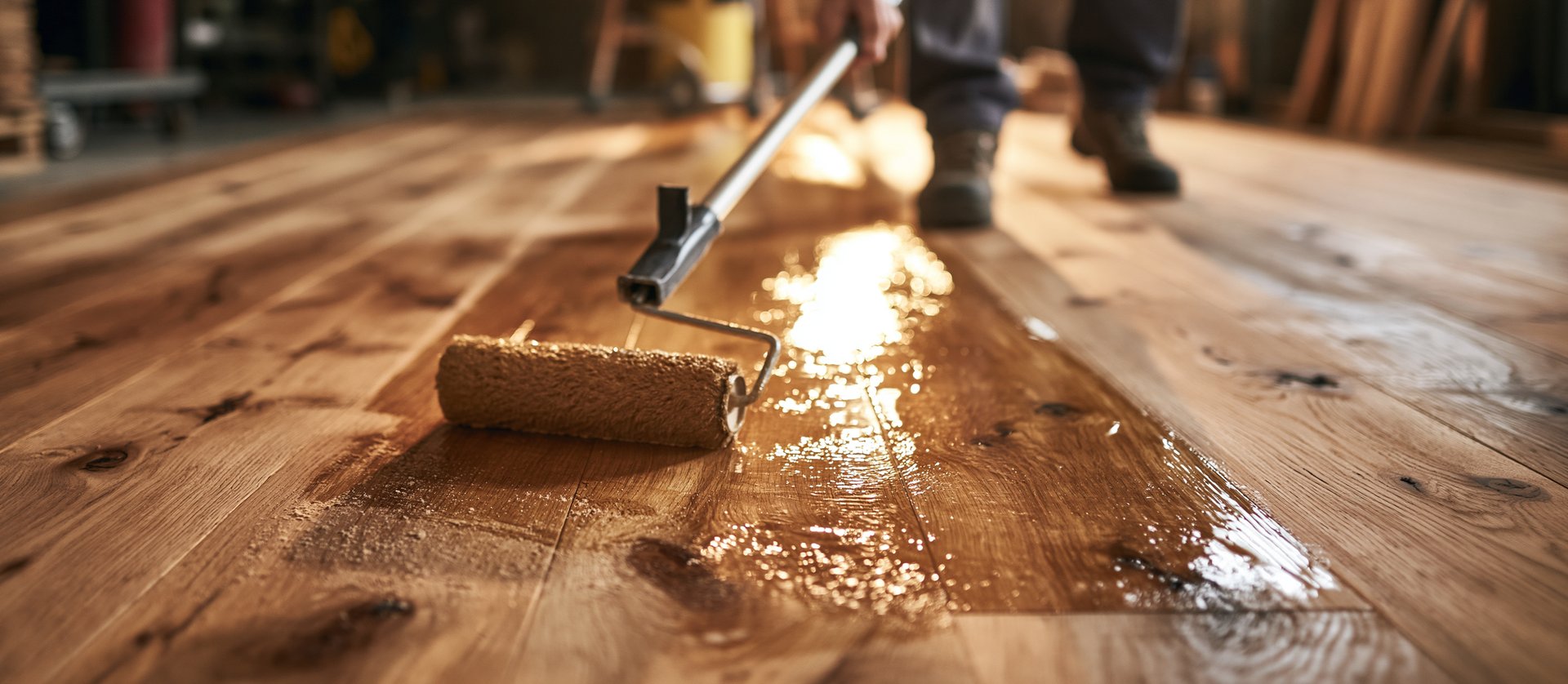 Holzöl wird mit Rolle auf Eichendielen im Sonnenlicht aufgetragen