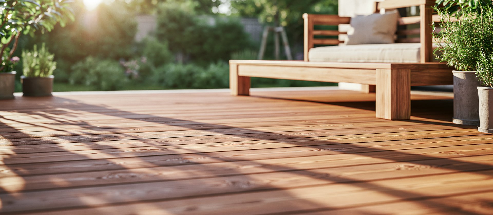 Geölte Holzterrasse mit Gartenmöbeln im Abendlicht – FAXE Holzpflege für den Außenbereich