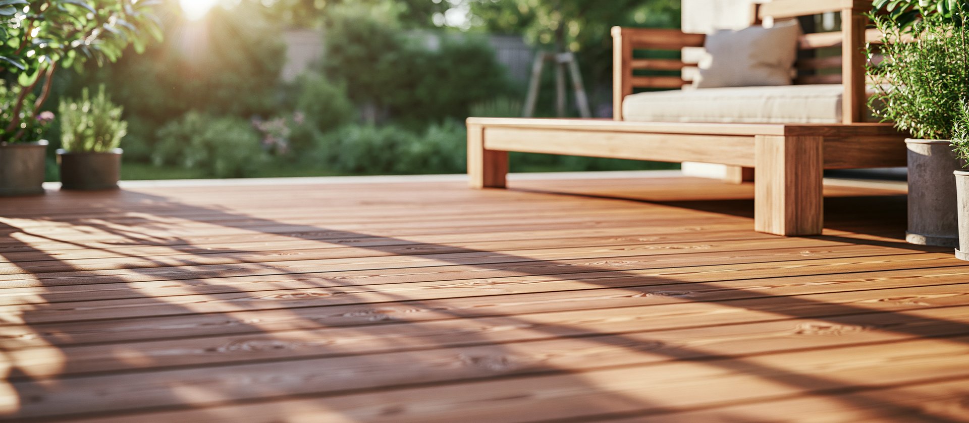 Geölte Holzterrasse mit Gartenbank und Pflanzen im Abendlicht