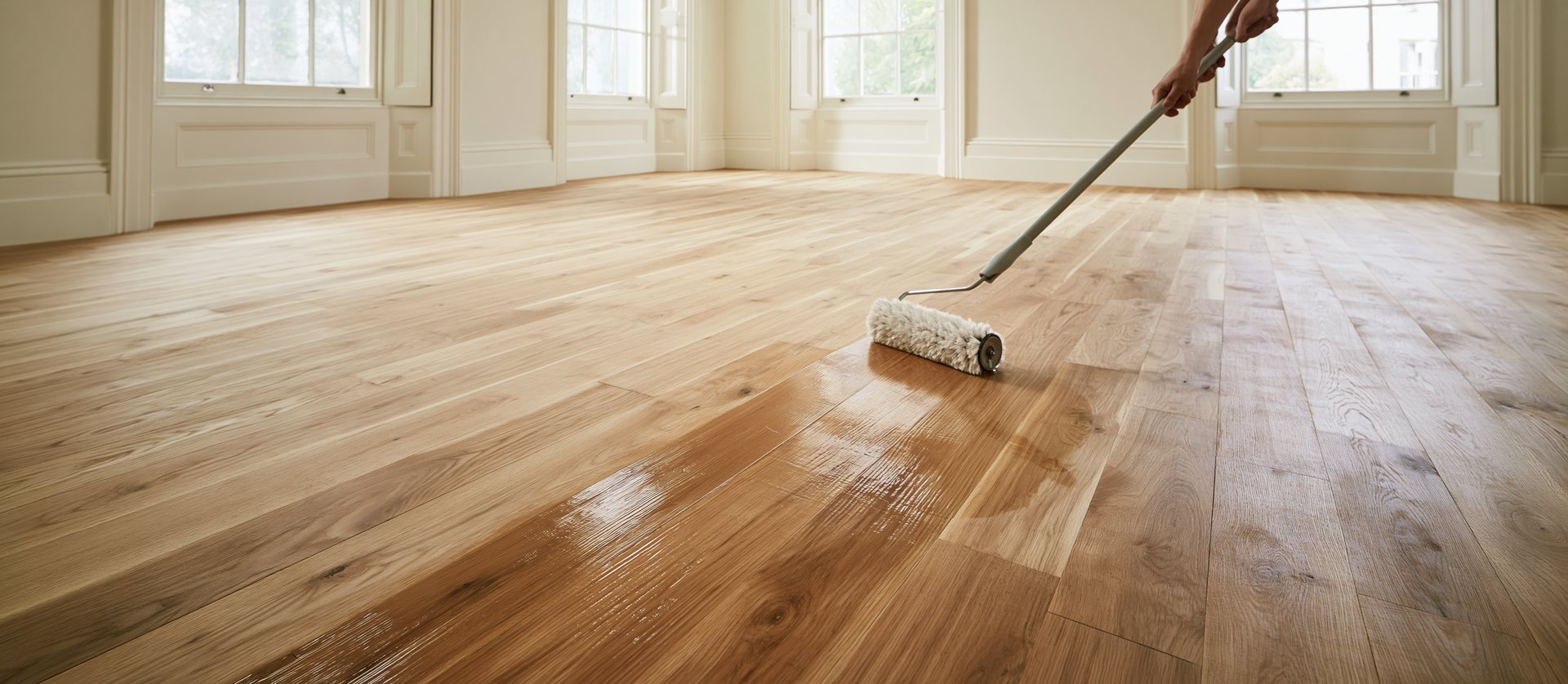 Holzöl wird mit Rolle auf rohen Eichenboden in hellem Raum aufgetragen