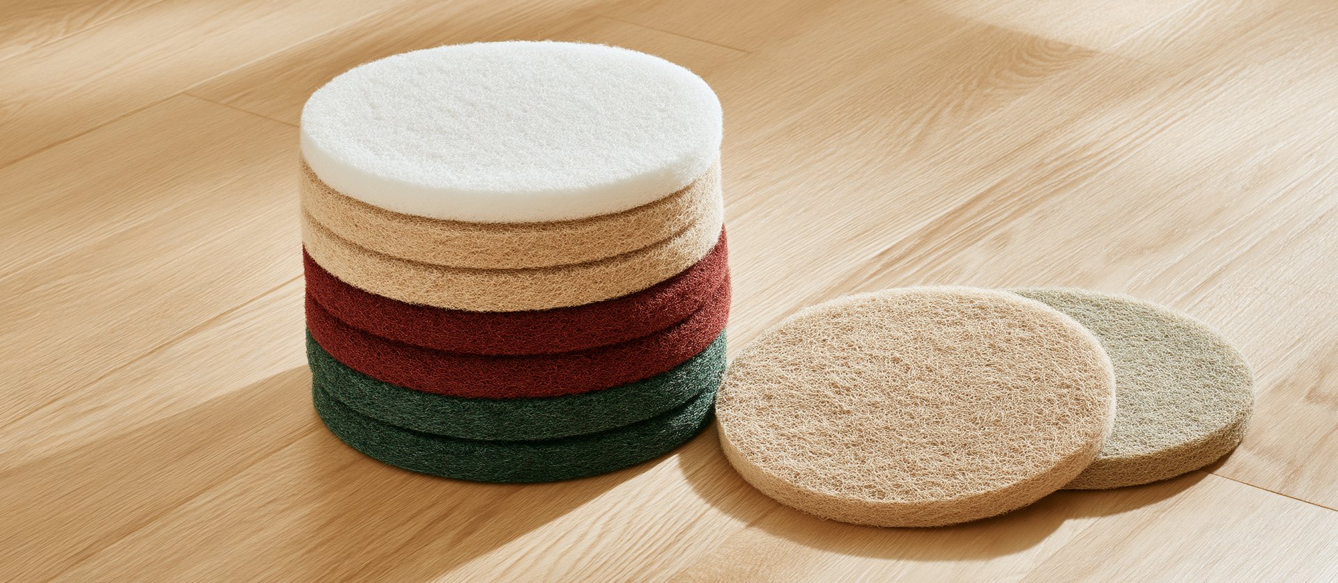 Stapel runder Maschinenpads in Weiß, Beige, Rot und Grün auf Holzboden