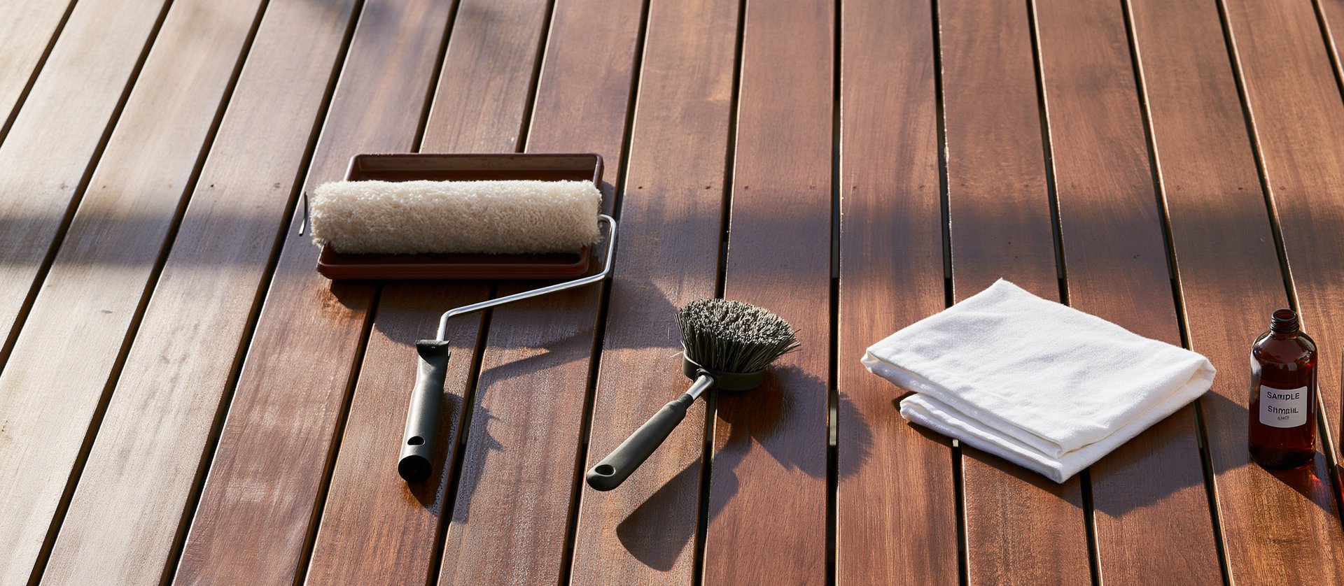 Anwendungsset auf geölten Terrassendielen: Rolle mit Wanne, Bürste, Tuch und Probeflaschen