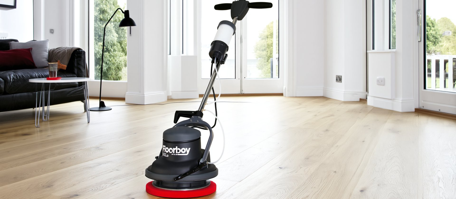 Floorboy Einscheibenmaschine mit rotem Pad auf Eichenboden im Wohnzimmer