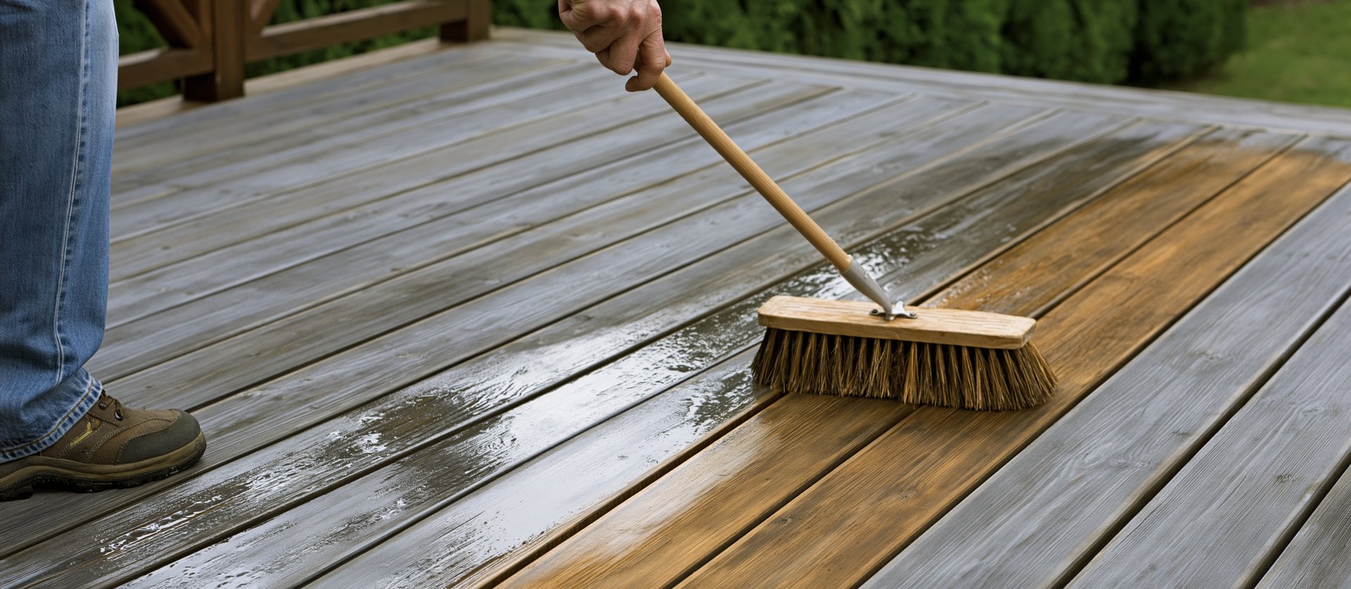 Vergraute Terrassendielen werden mit Schrubber gereinigt, Holz wird wieder hell